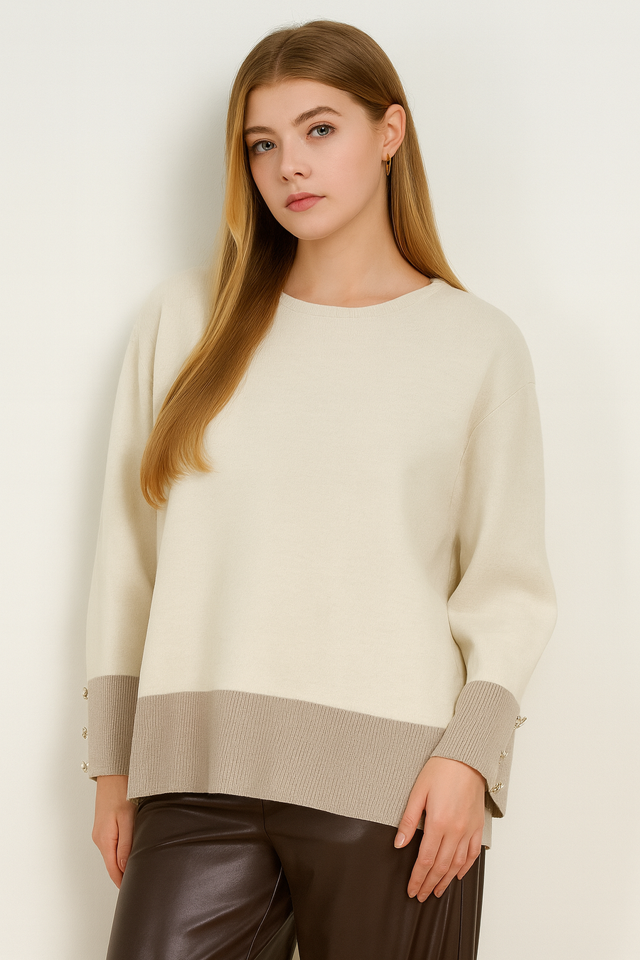SOFT KNIT JUMPER WITH DECORATIVE BUTTONS ON SLEEVES AND CONTRASTING COLOUR HEM