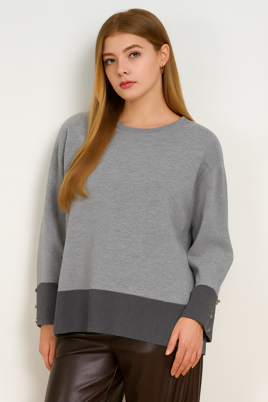 SOFT KNIT JUMPER WITH DECORATIVE BUTTONS ON SLEEVES AND CONTRASTING COLOUR HEM