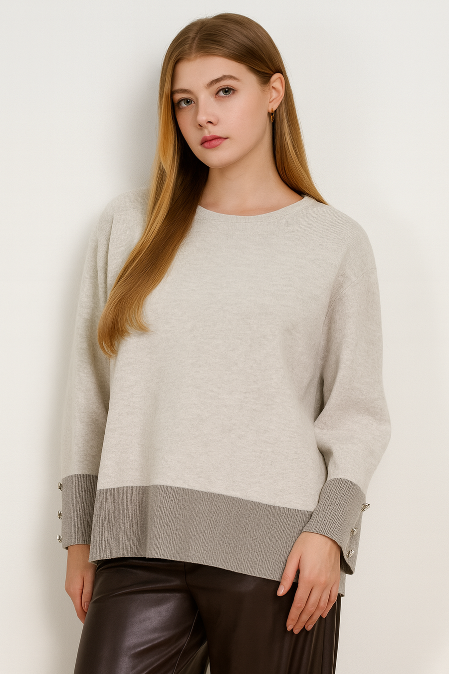 SOFT KNIT JUMPER WITH DECORATIVE BUTTONS ON SLEEVES AND CONTRASTING COLOUR HEM