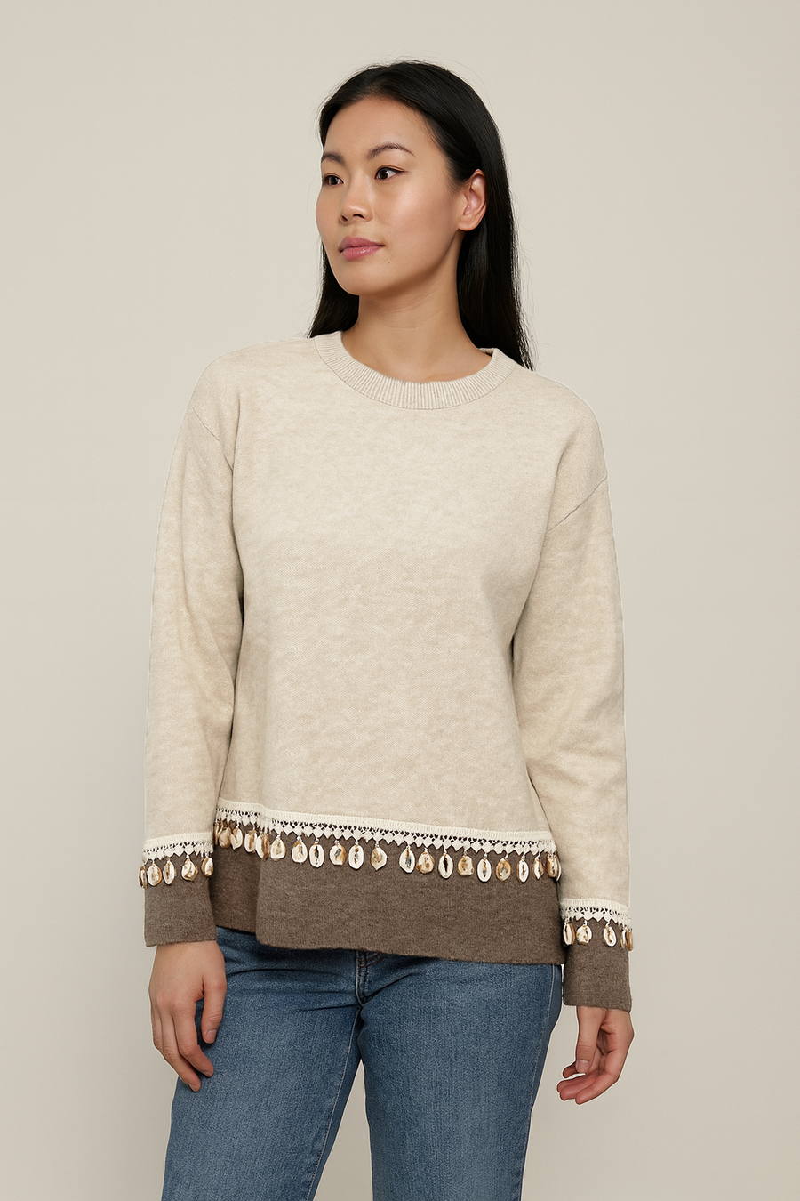 KNIT JUMPER WITH EMBELLISHING SHELL TRIM DETAIL