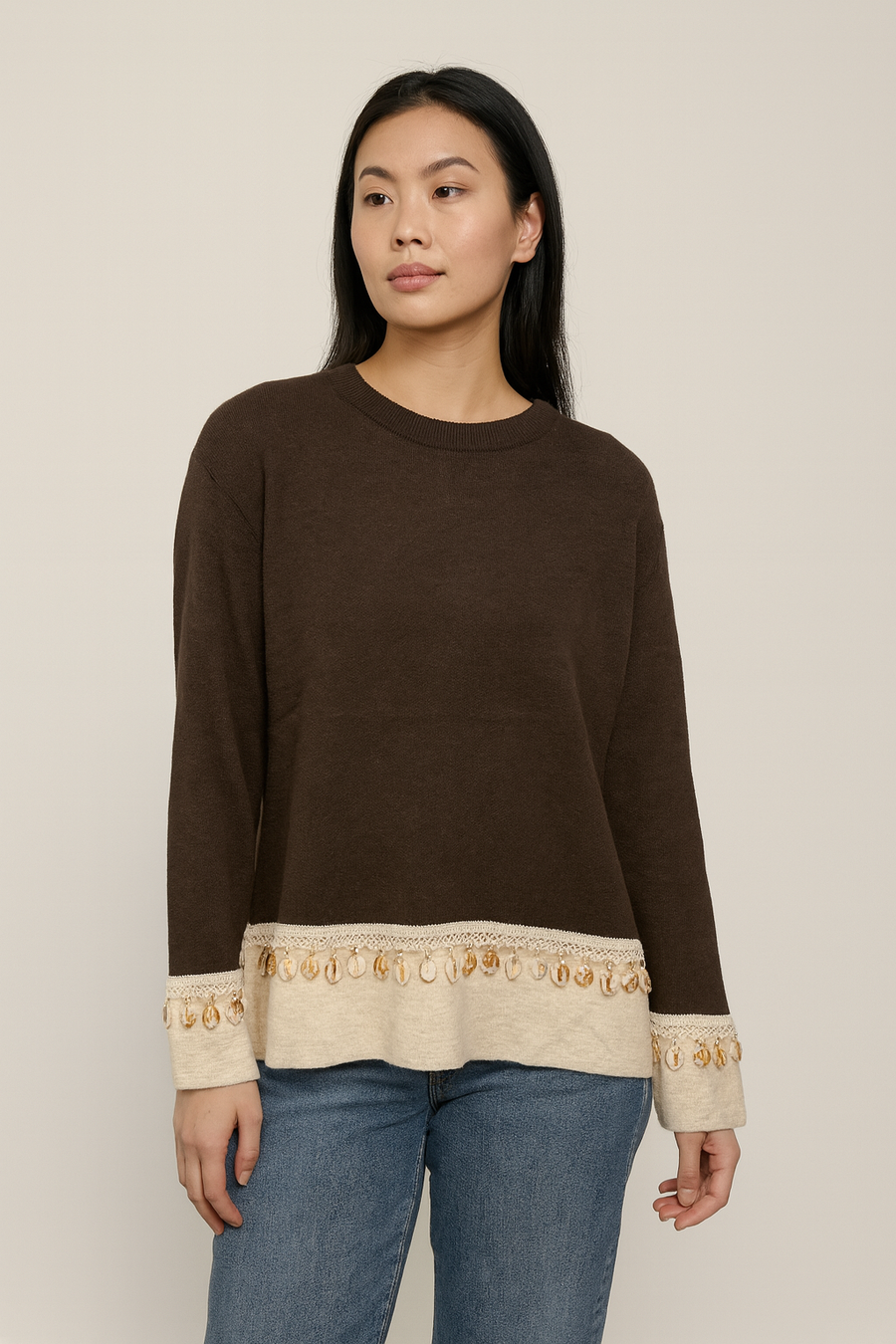 KNIT JUMPER WITH EMBELLISHING SHELL TRIM DETAIL