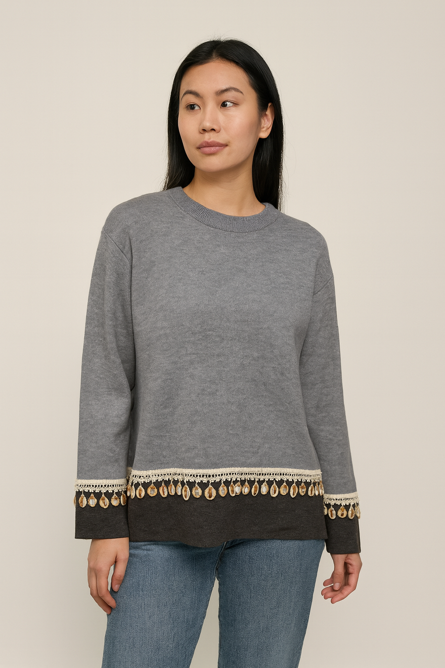 KNIT JUMPER WITH EMBELLISHING SHELL TRIM DETAIL