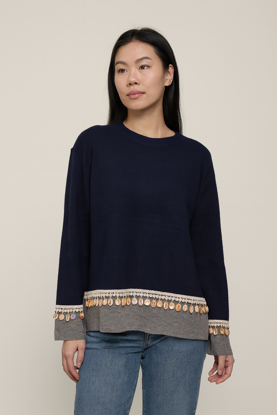 KNIT JUMPER WITH EMBELLISHING SHELL TRIM DETAIL