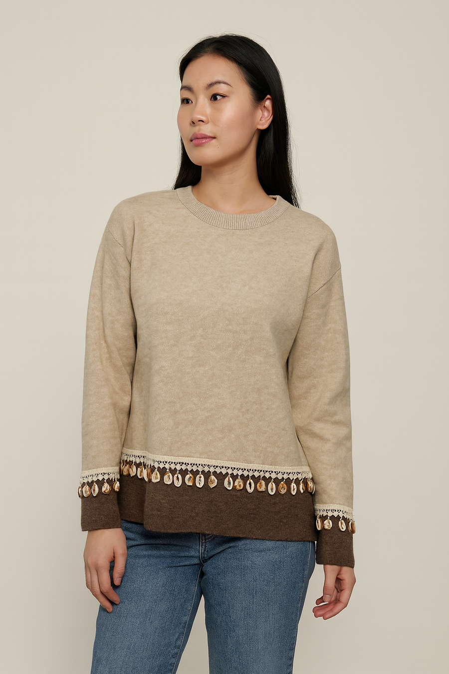 KNIT JUMPER WITH EMBELLISHING SHELL TRIM DETAIL