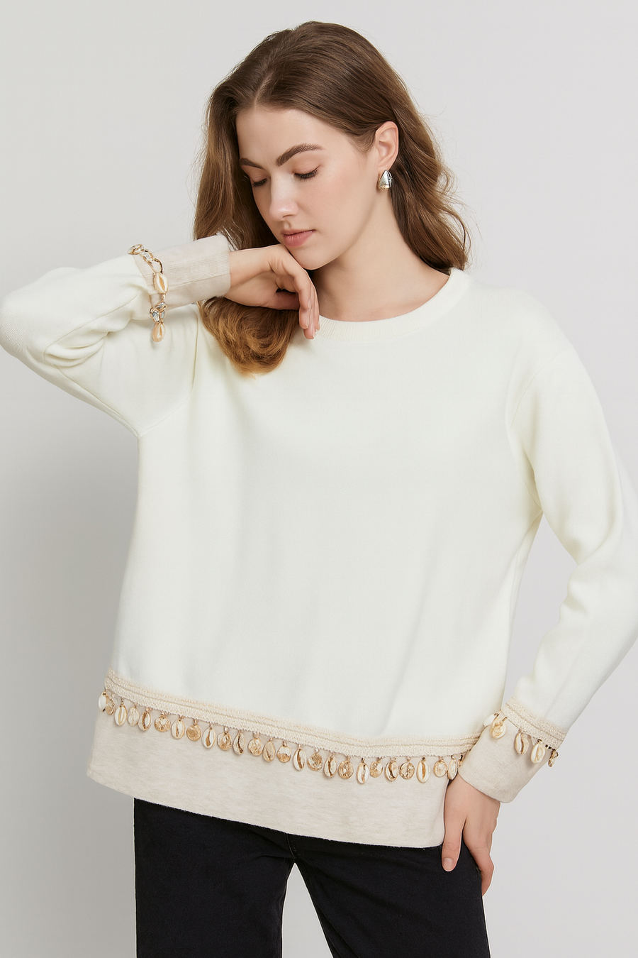 KNIT JUMPER WITH EMBELLISHING SHELL TRIM DETAIL