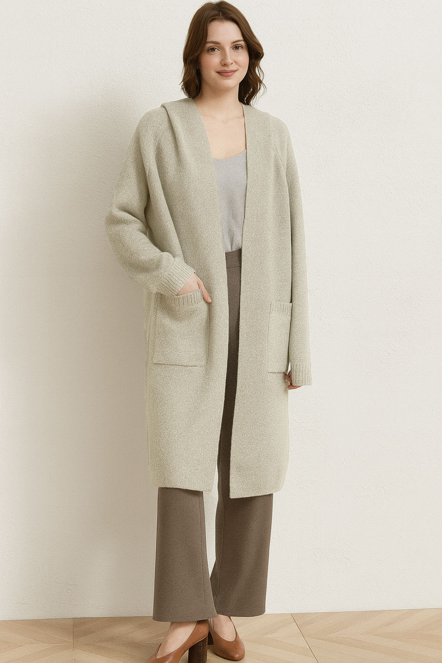 PREMIUM KNIT HOODED CARDIGAN WITH FLUFFY DETAILS