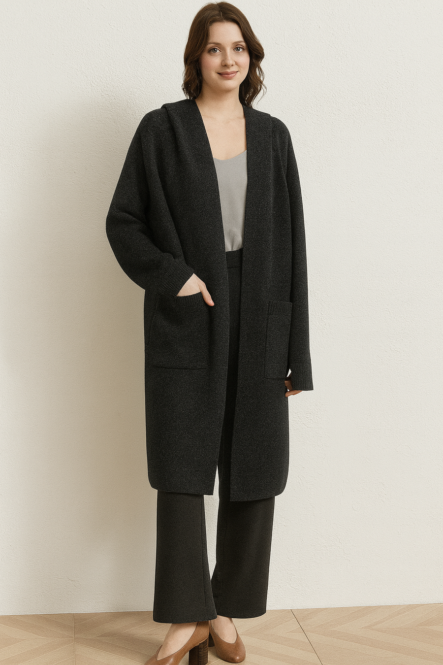 PREMIUM KNIT HOODED CARDIGAN WITH FLUFFY DETAILS