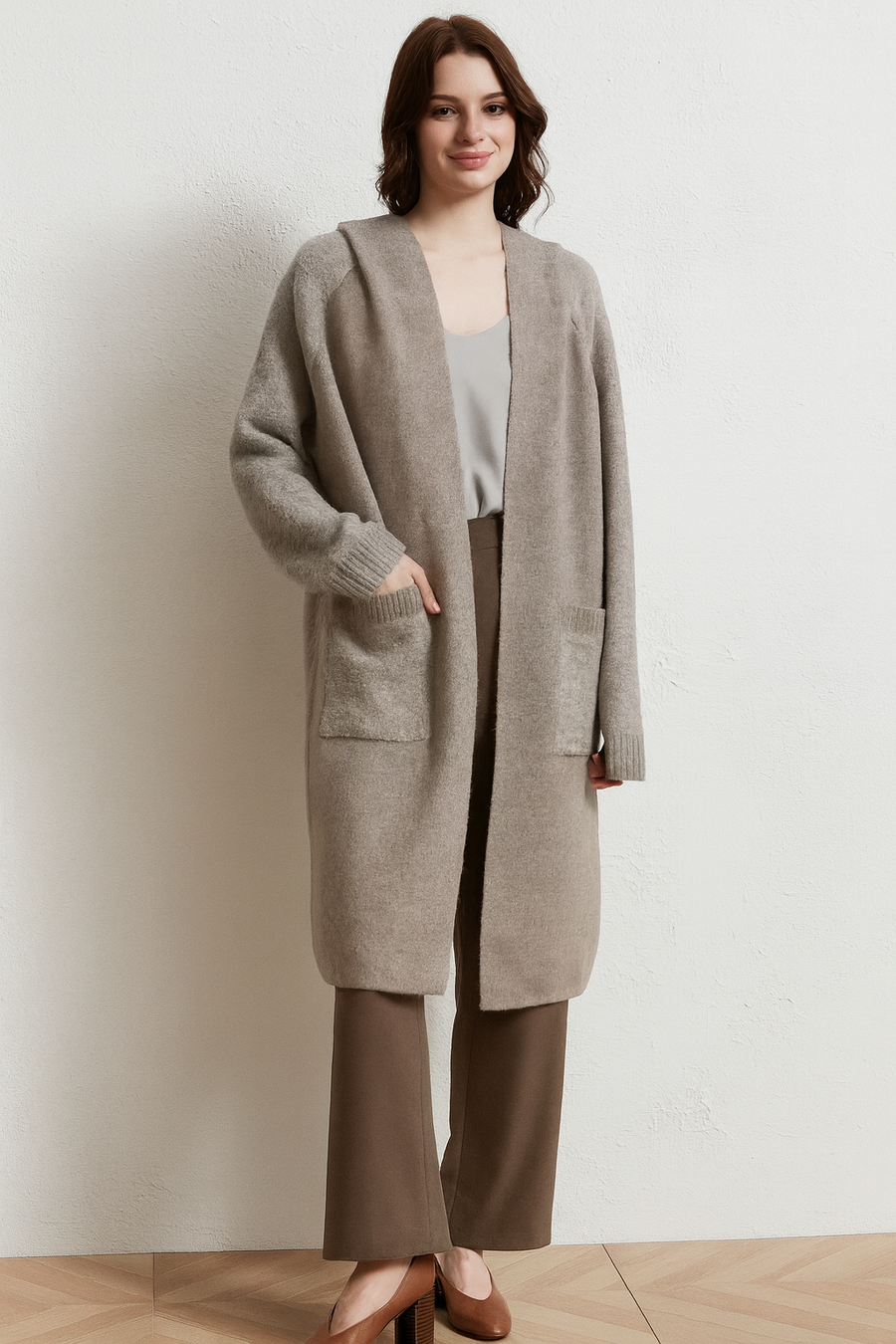 PREMIUM KNIT HOODED CARDIGAN WITH FLUFFY DETAILS