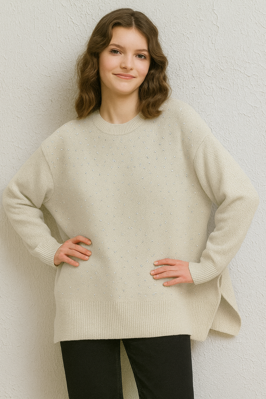 TEXTURED TECHNICAL KNIT PLUS SIZE JUMPER WITH RHINESTONES