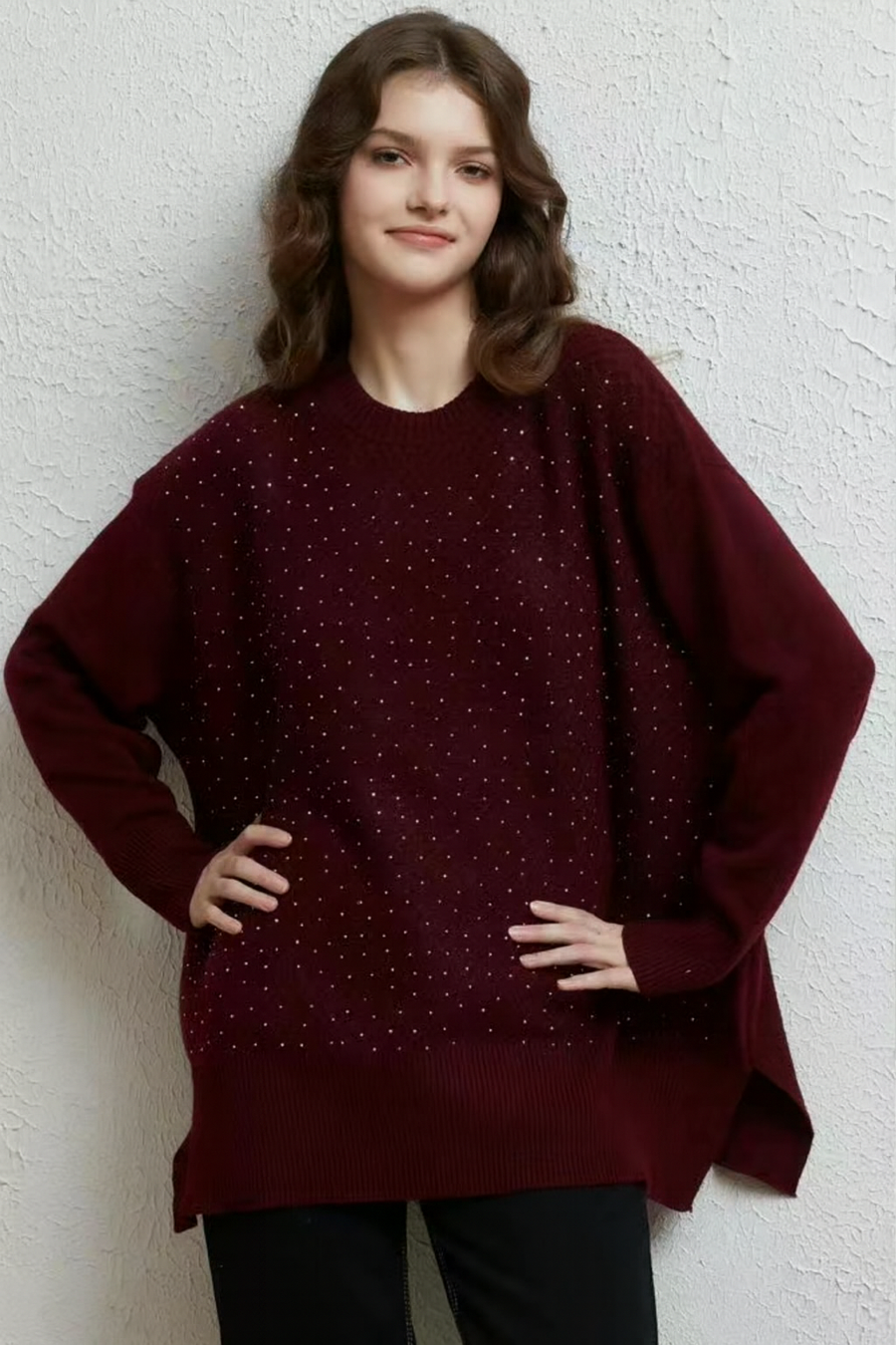 TEXTURED TECHNICAL KNIT PLUS SIZE JUMPER WITH RHINESTONES