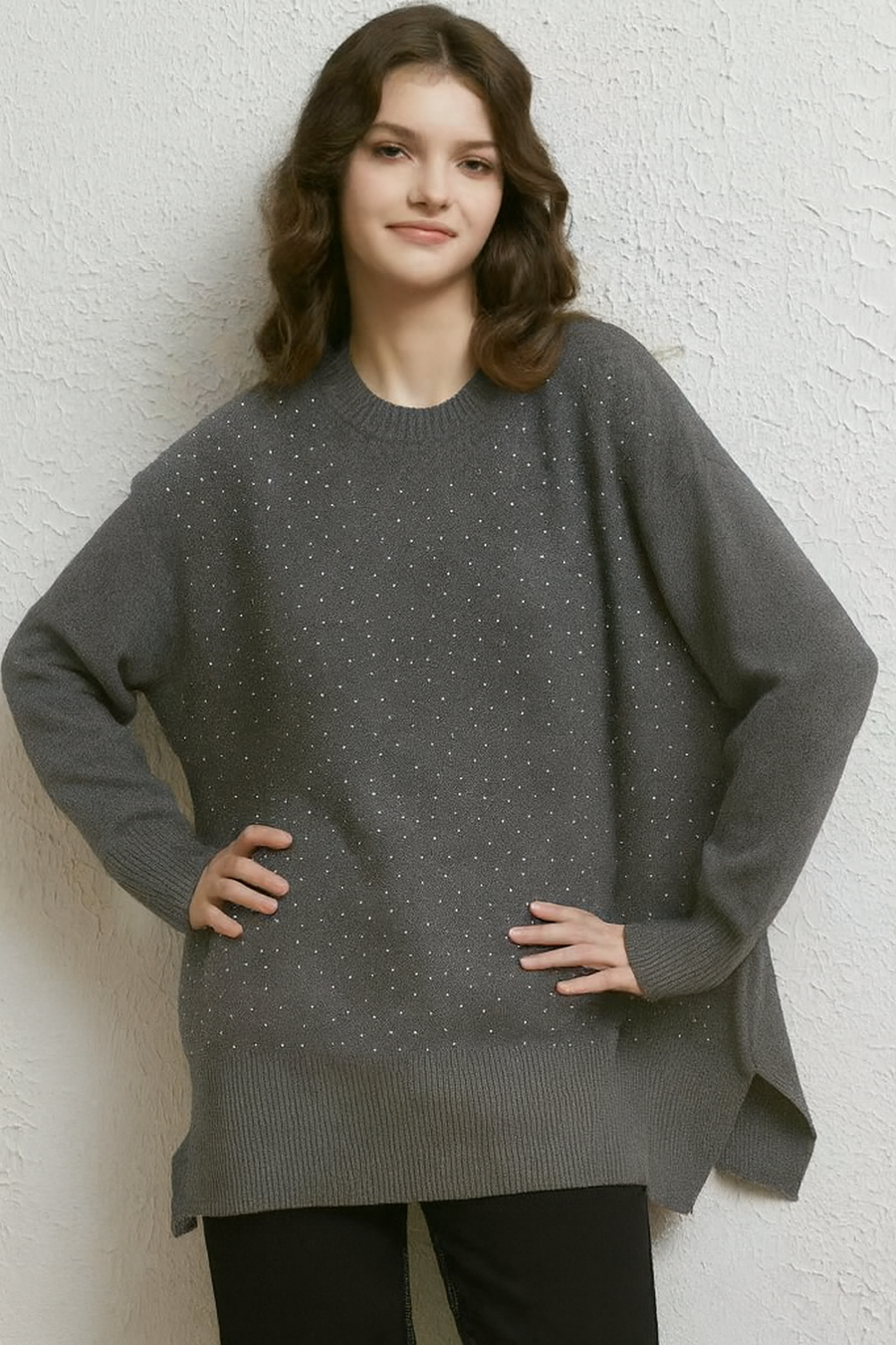 TEXTURED TECHNICAL KNIT PLUS SIZE JUMPER WITH RHINESTONES
