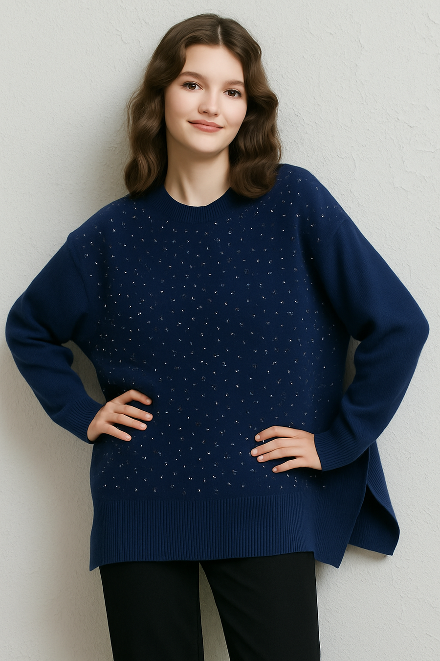 TEXTURED TECHNICAL KNIT PLUS SIZE JUMPER WITH RHINESTONES