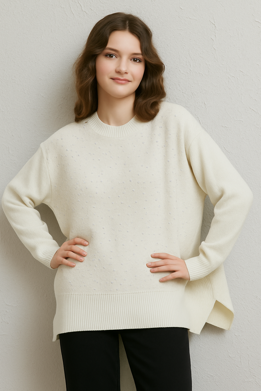 TEXTURED TECHNICAL KNIT PLUS SIZE JUMPER WITH RHINESTONES