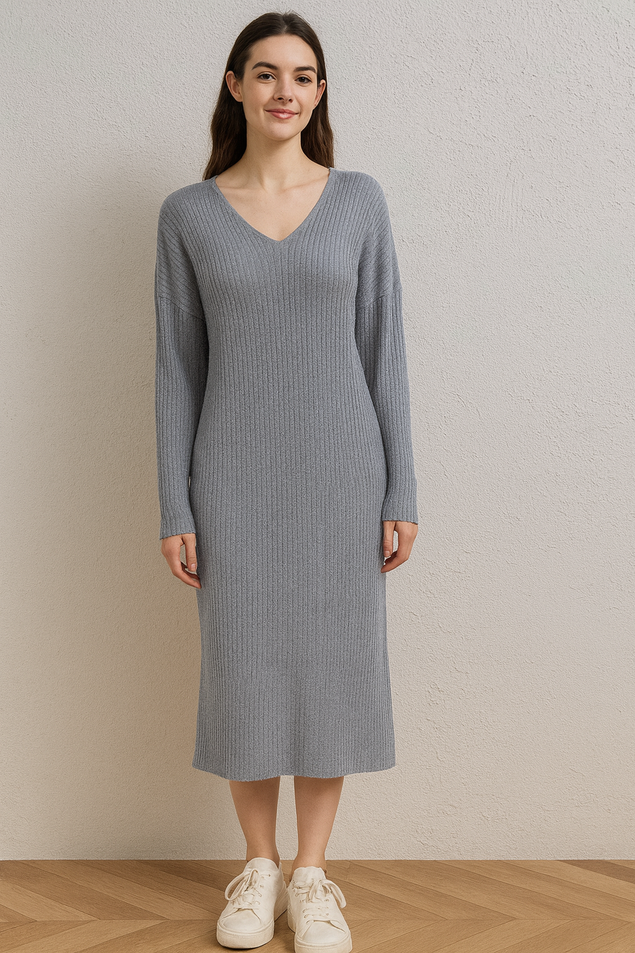 PLUS SIZE RIBBED V NECK DRESS