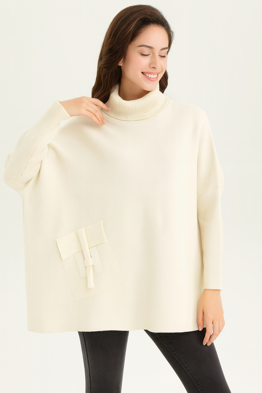 HEAVY PREMIUM KNIT OVERSIZED JUMPER WITH FITTED SLEEVES AND ROLL NECK AND FRONT POCKET. A MUST HAVE STYLE