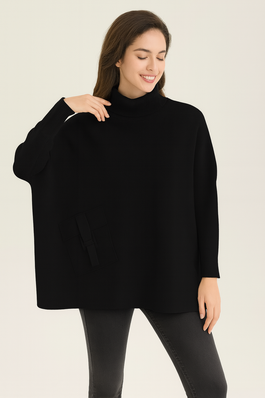 HEAVY PREMIUM KNIT OVERSIZED JUMPER WITH FITTED SLEEVES AND ROLL NECK AND FRONT POCKET. A MUST HAVE STYLE