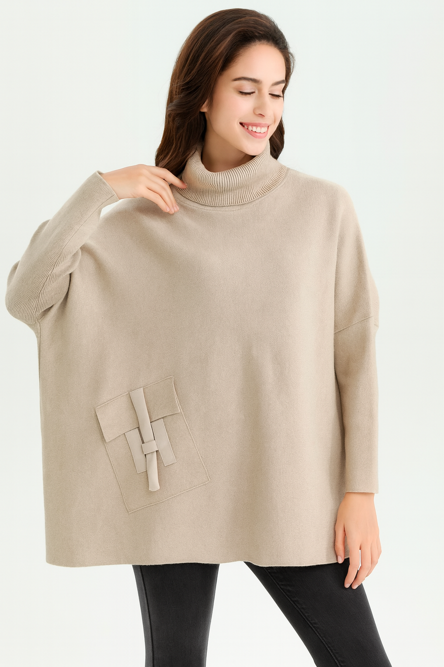 HEAVY PREMIUM KNIT OVERSIZED JUMPER WITH FITTED SLEEVES AND ROLL NECK AND FRONT POCKET. A MUST HAVE STYLE