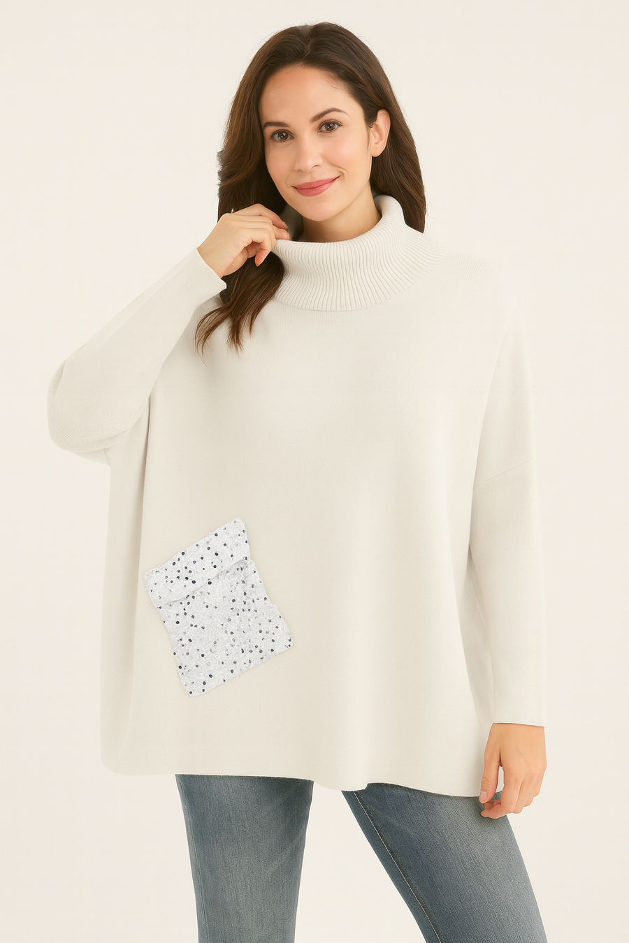 HEAVY LUXURY KNIT ROLL NECK JUMPER WITH SEQUINNED POCKET