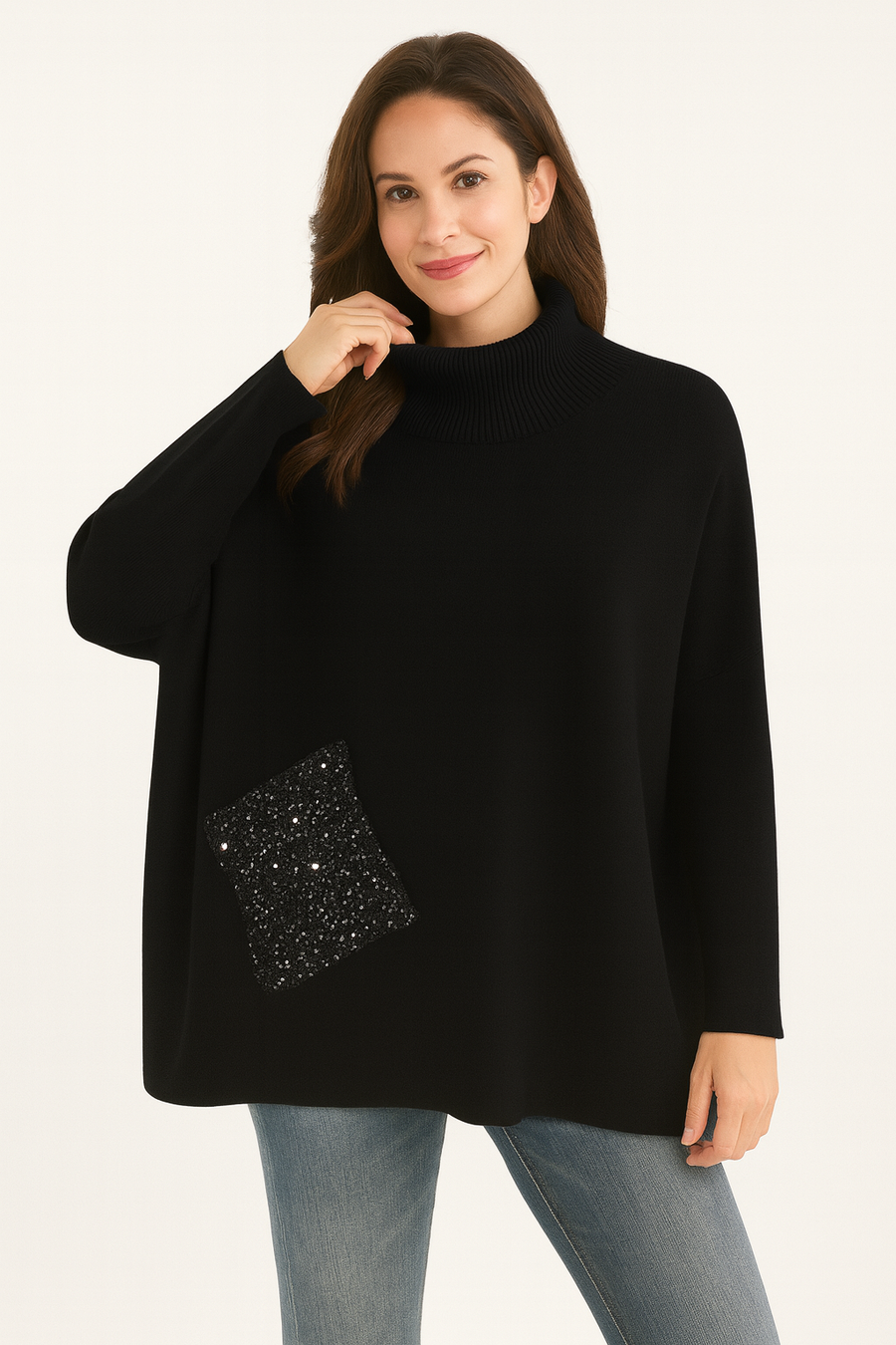 HEAVY LUXURY KNIT ROLL NECK JUMPER WITH SEQUINNED POCKET