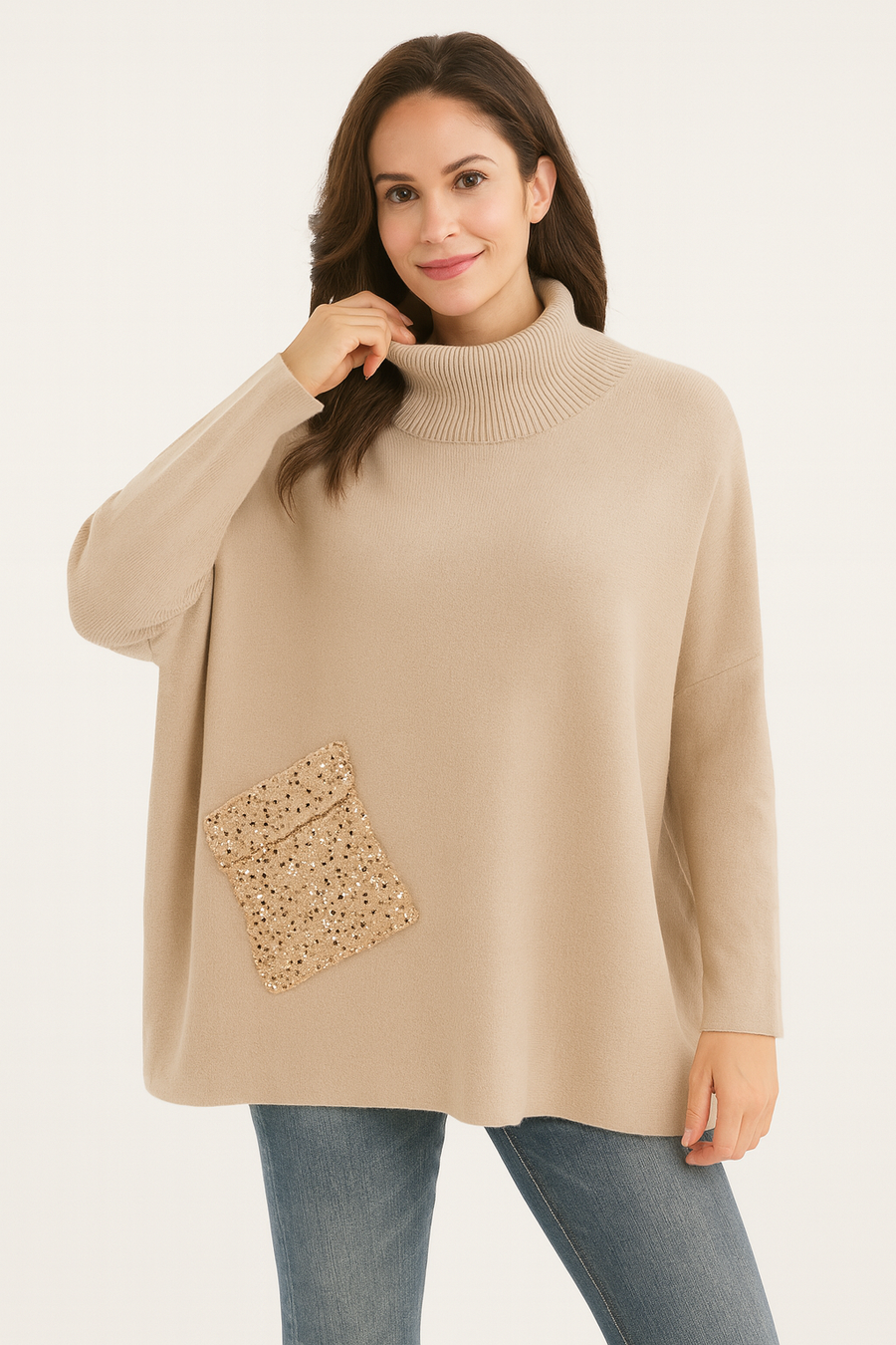 HEAVY LUXURY KNIT ROLL NECK JUMPER WITH SEQUINNED POCKET