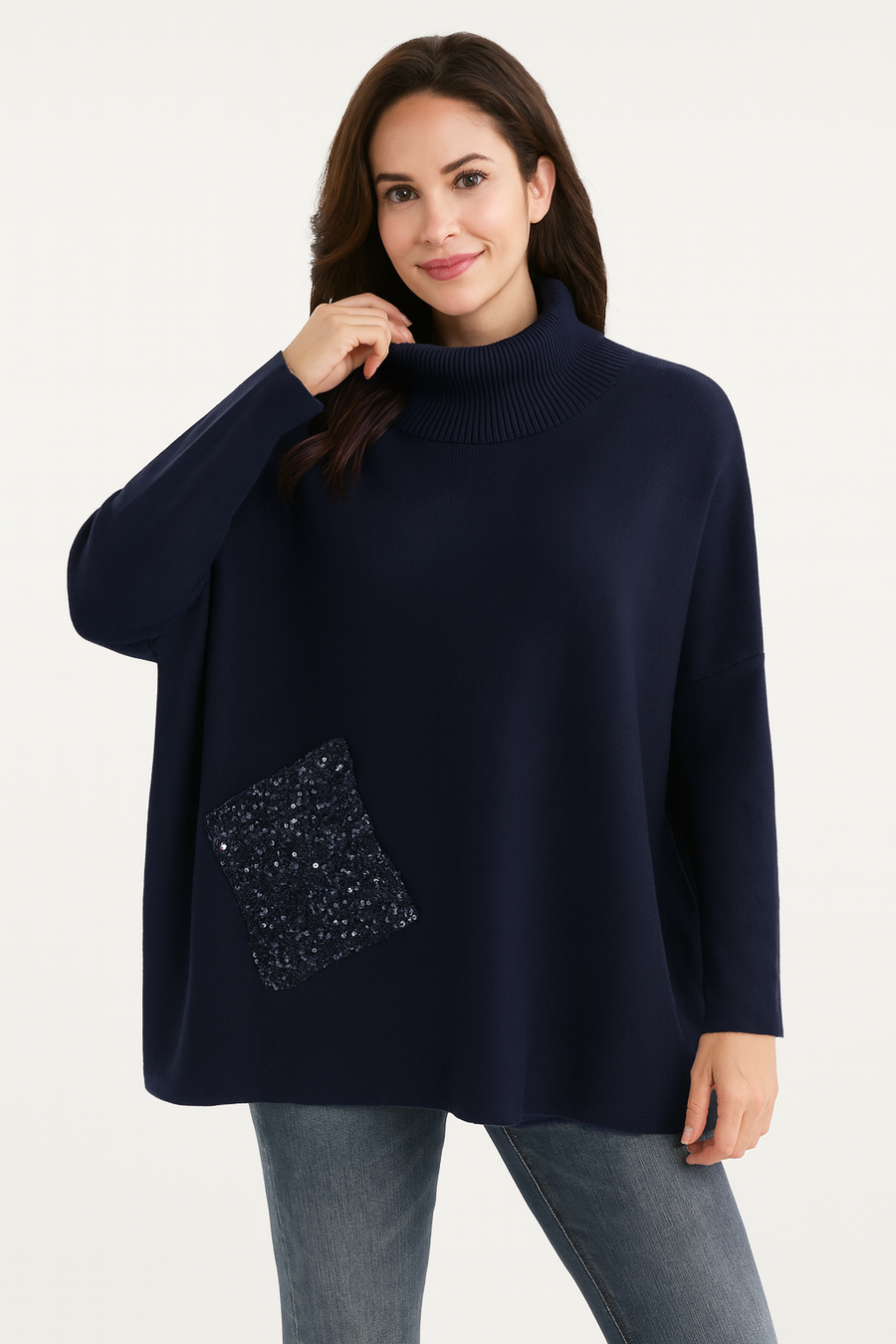 HEAVY LUXURY KNIT ROLL NECK JUMPER WITH SEQUINNED POCKET