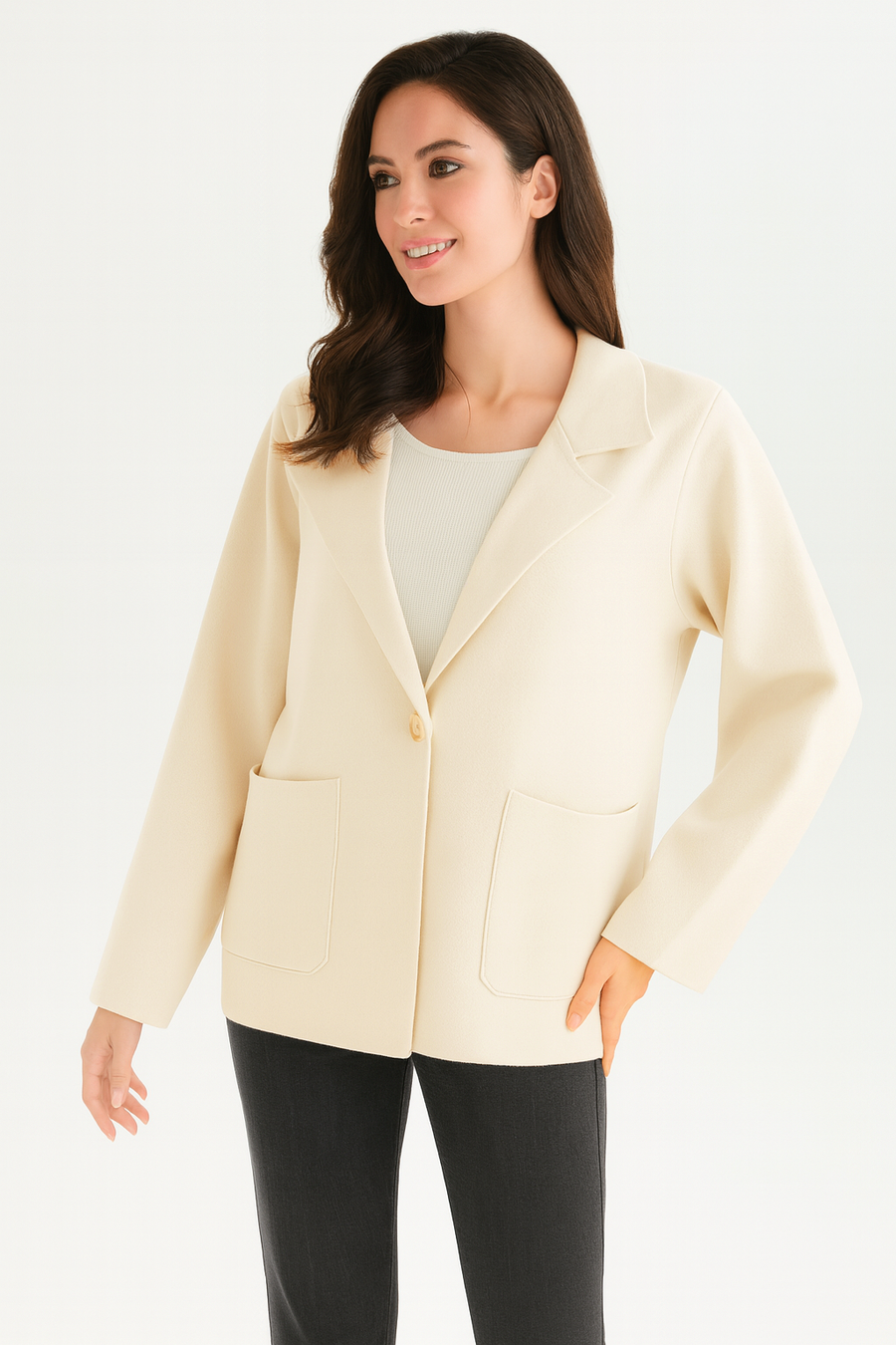 SINGLE BUTTON PREMIUM KNIT JACKET WITH LAPEL AND LARGE POCKETS