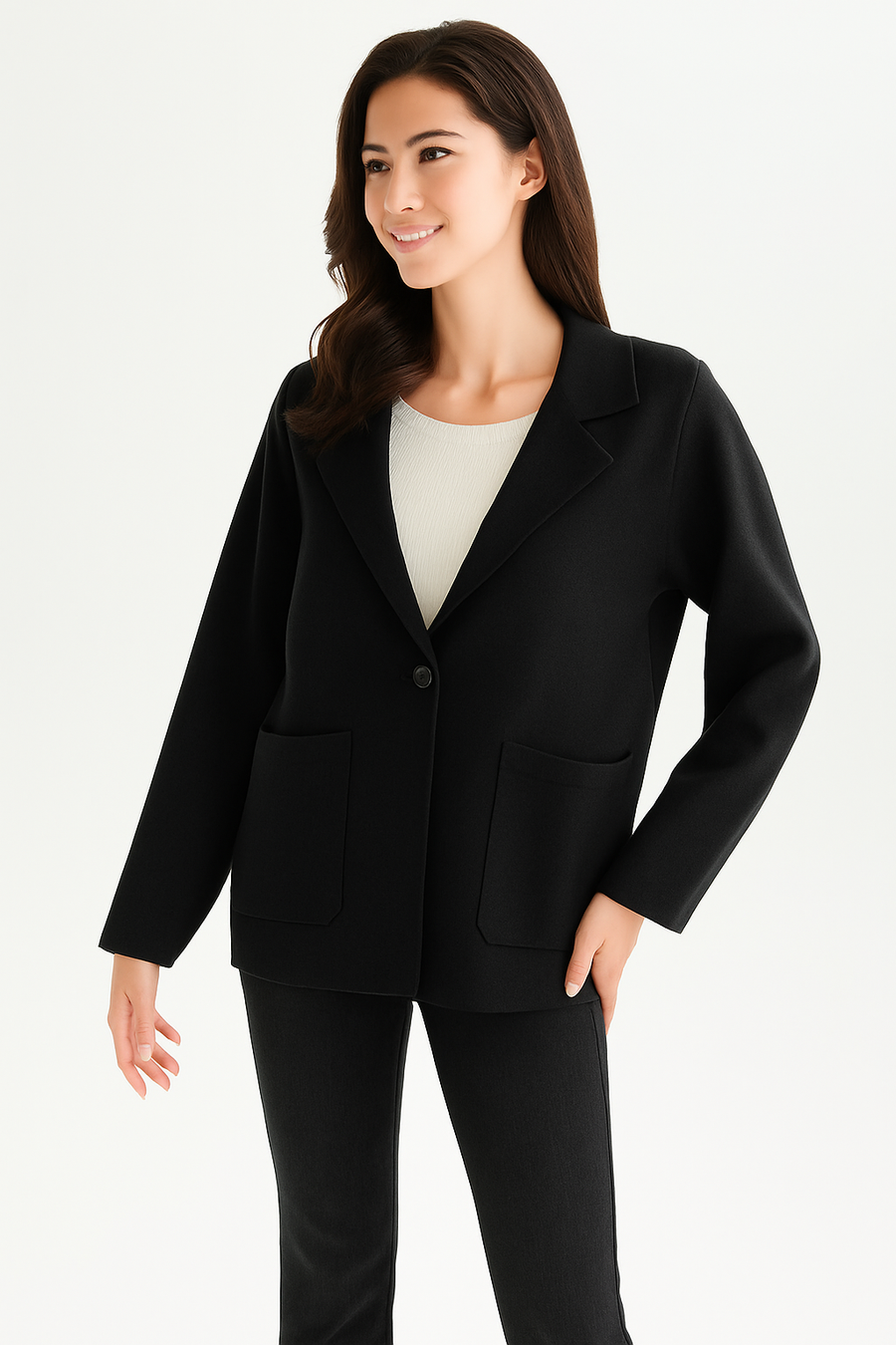 SINGLE BUTTON PREMIUM KNIT JACKET WITH LAPEL AND LARGE POCKETS
