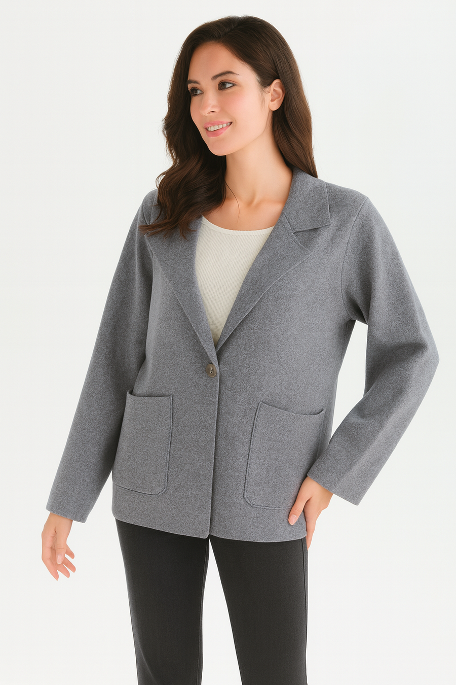 SINGLE BUTTON PREMIUM KNIT JACKET WITH LAPEL AND LARGE POCKETS