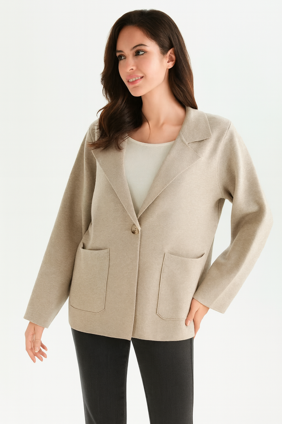 SINGLE BUTTON PREMIUM KNIT JACKET WITH LAPEL AND LARGE POCKETS