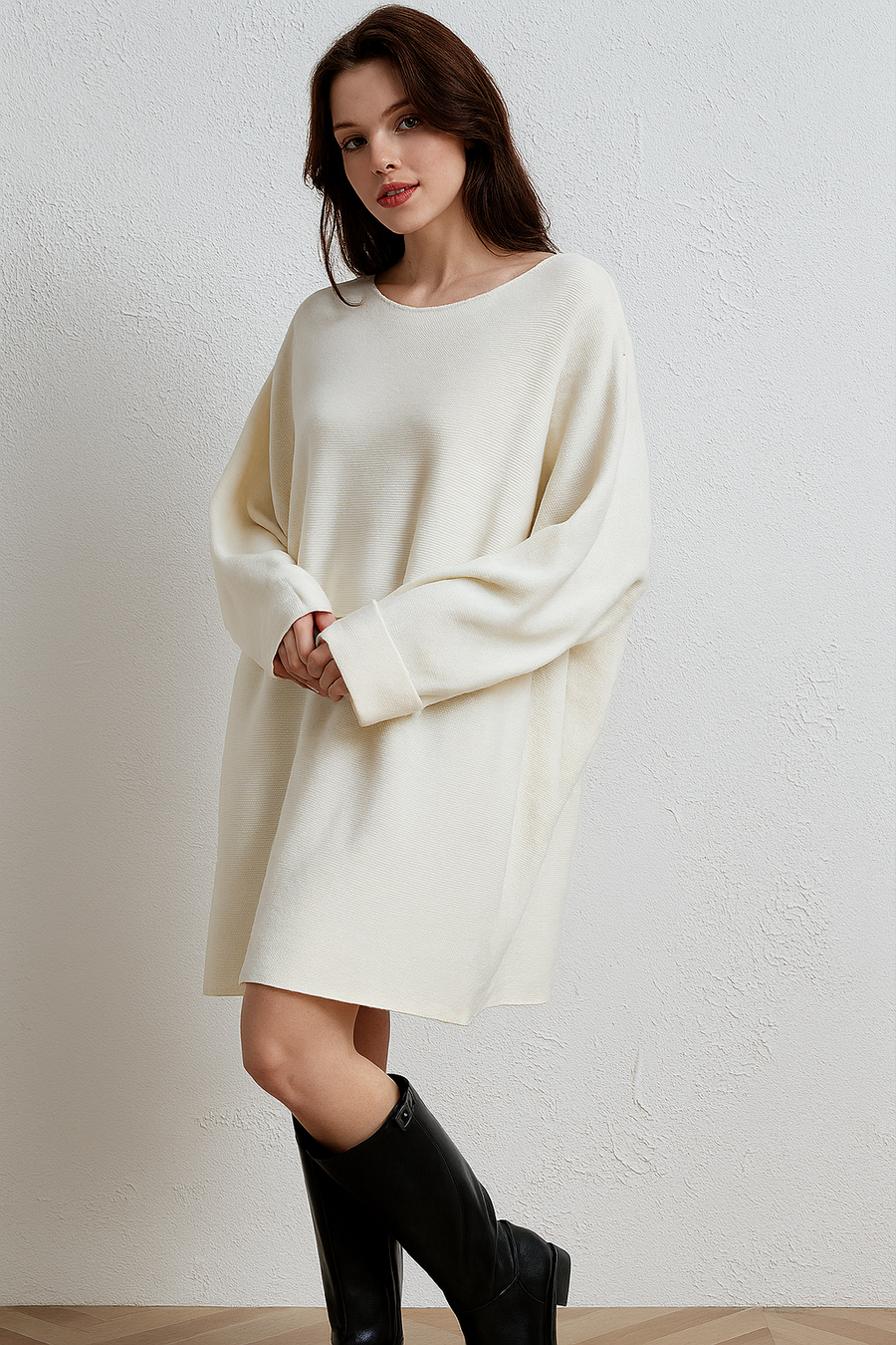 RIBBED OVERSIZED JUMPER DRESS WITH DECORATIVE BUTTON ON SLEEVES
