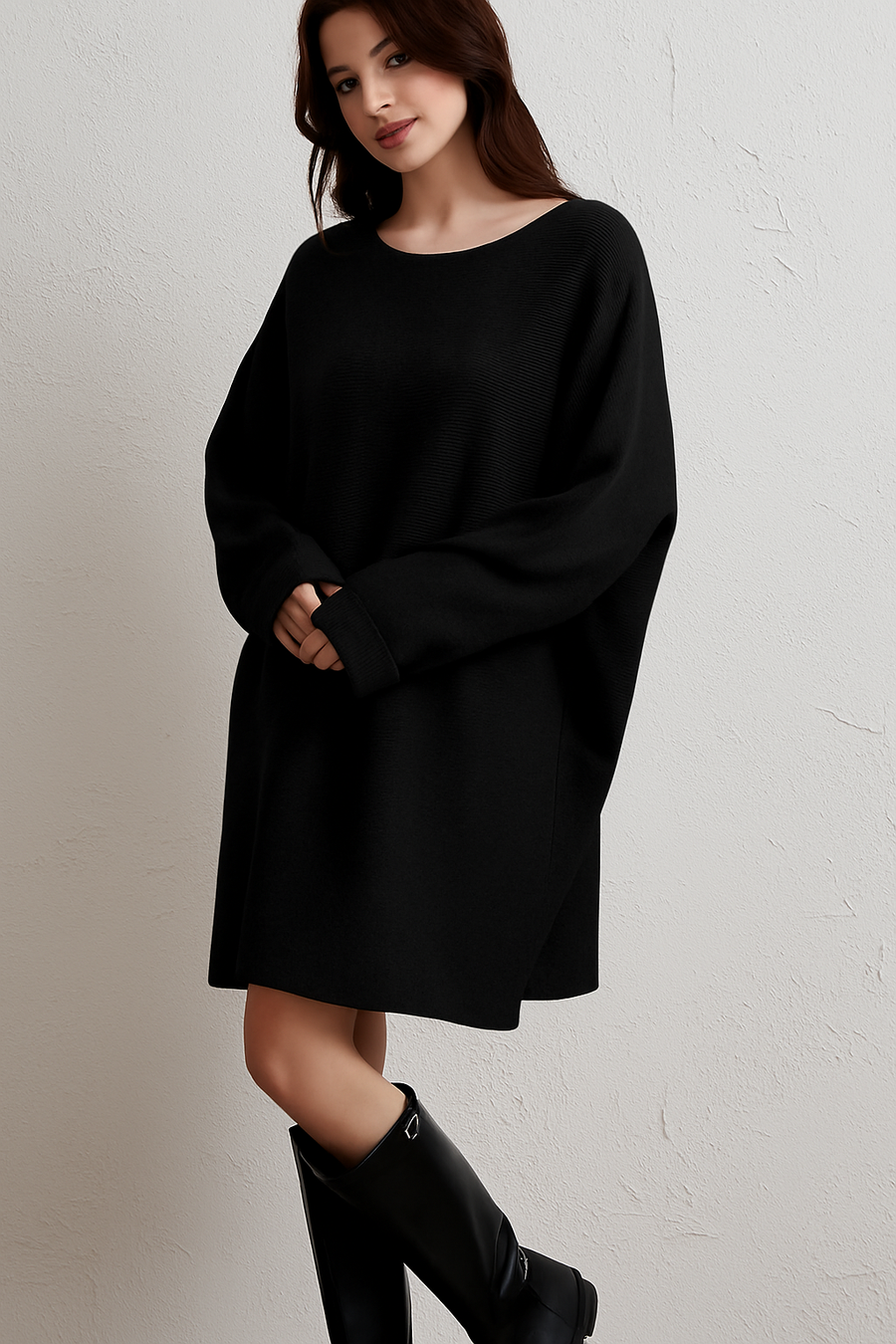 RIBBED OVERSIZED JUMPER DRESS WITH DECORATIVE BUTTON ON SLEEVES
