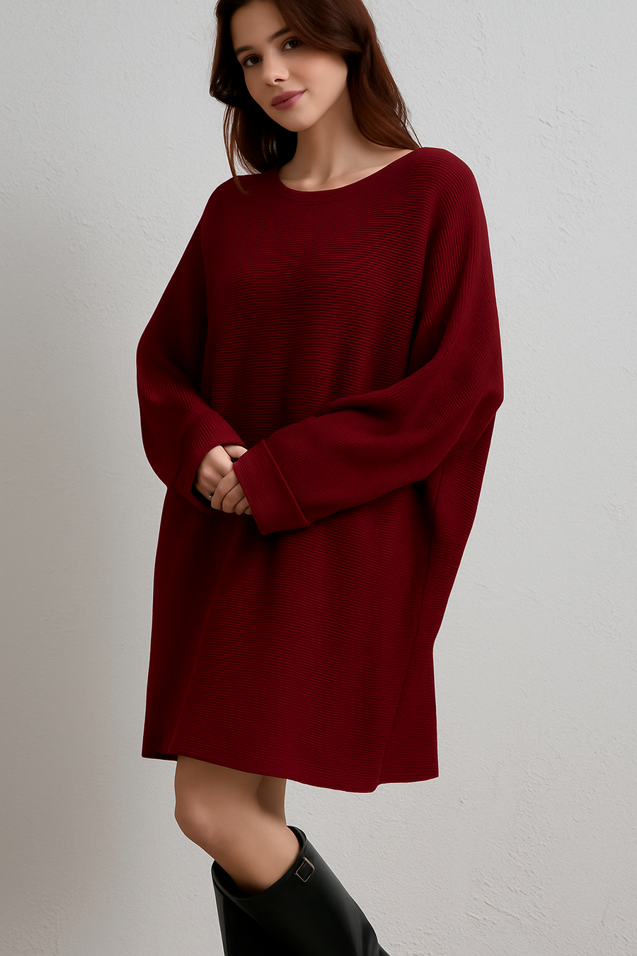 RIBBED OVERSIZED JUMPER DRESS WITH DECORATIVE BUTTON ON SLEEVES