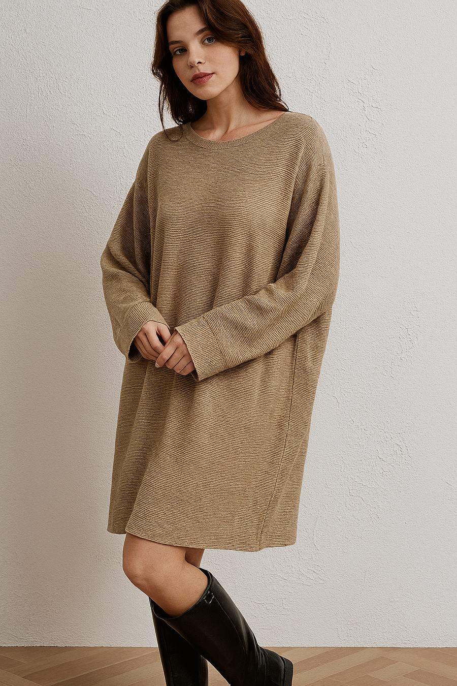 RIBBED OVERSIZED JUMPER DRESS WITH DECORATIVE BUTTON ON SLEEVES