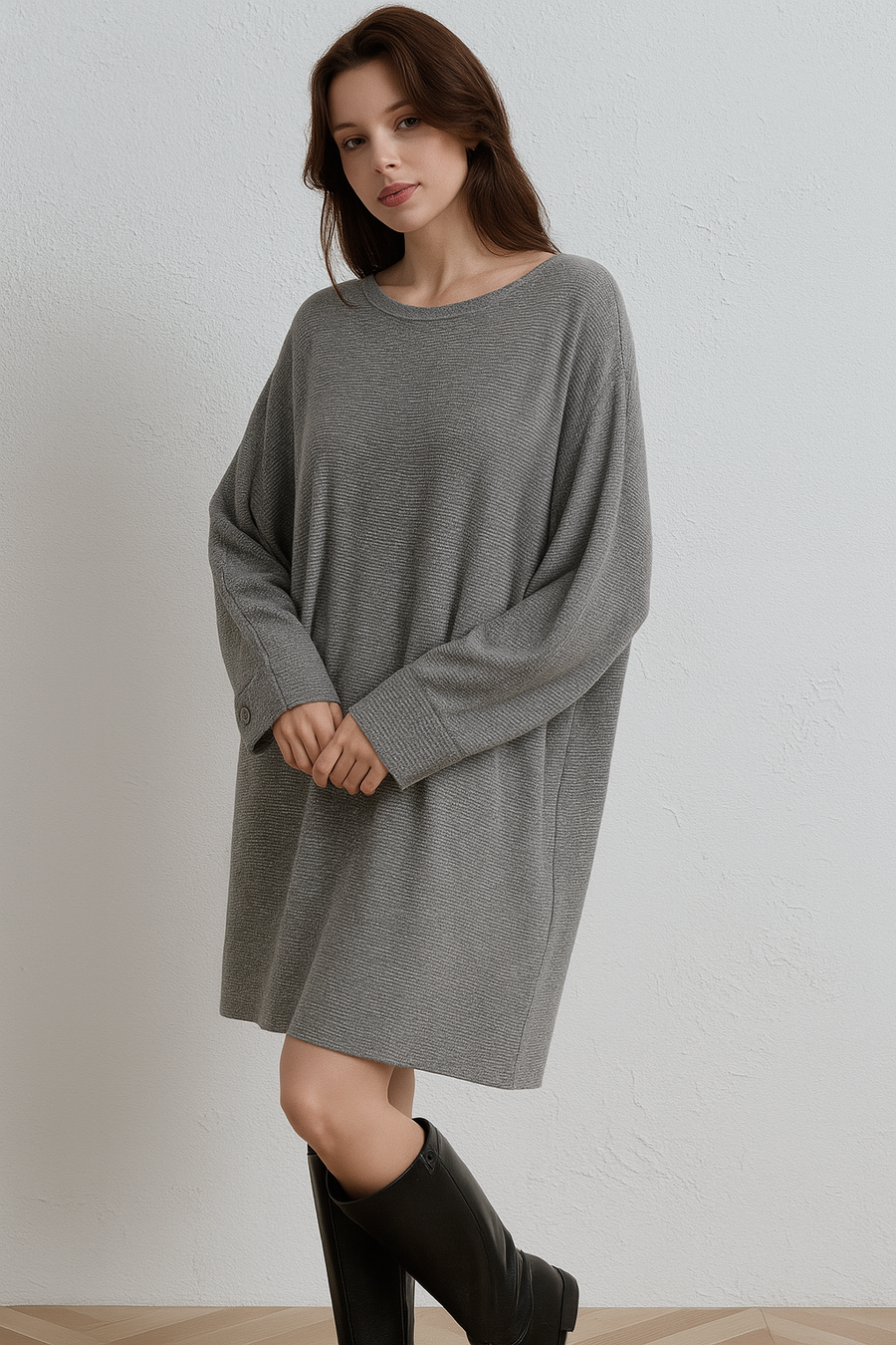 RIBBED OVERSIZED JUMPER DRESS WITH DECORATIVE BUTTON ON SLEEVES