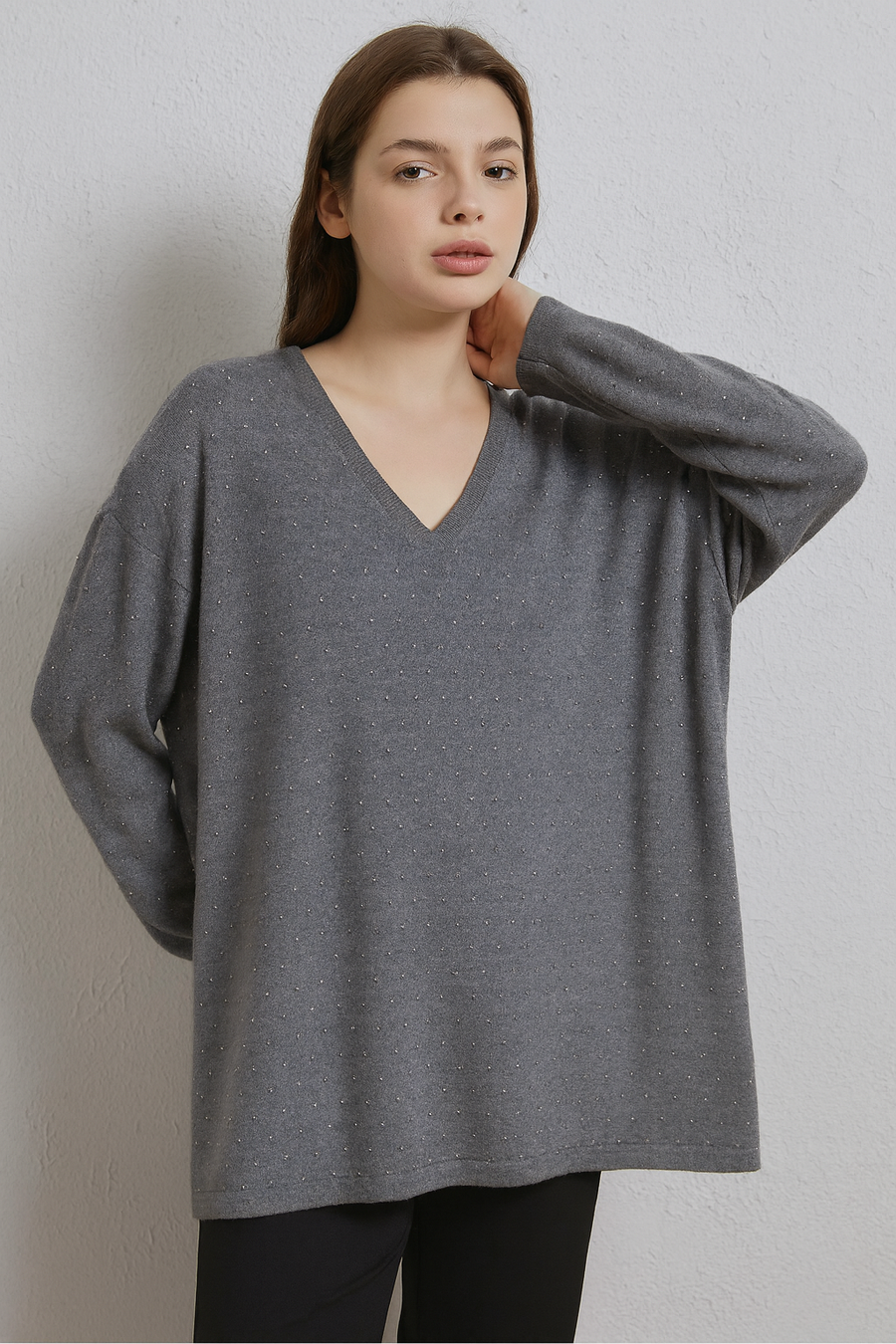 SOFT KNIT V NECK JUMPER WITH CRYSTALS ALLOVER FRONT