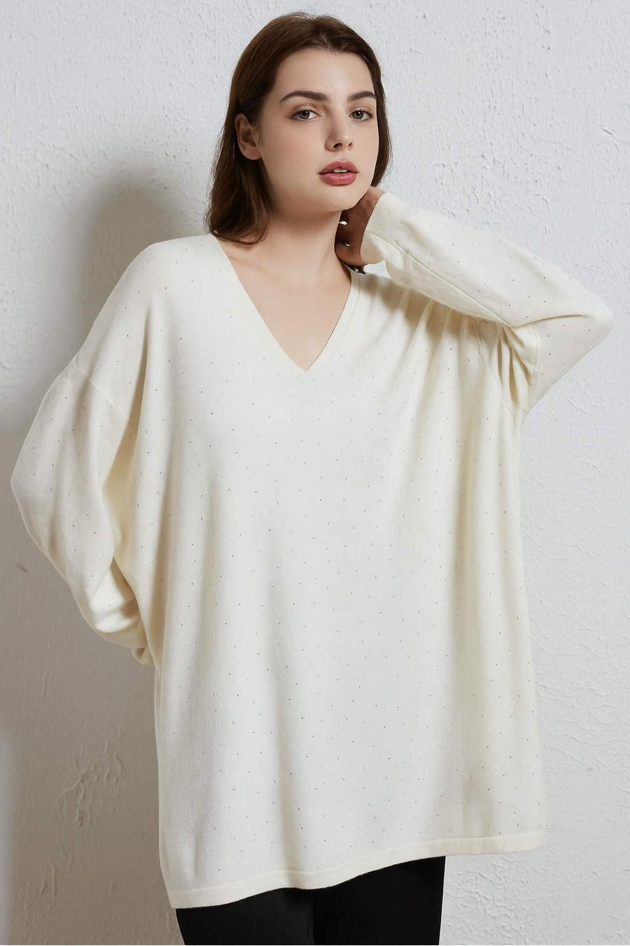 SOFT KNIT V NECK JUMPER WITH CRYSTALS ALLOVER FRONT