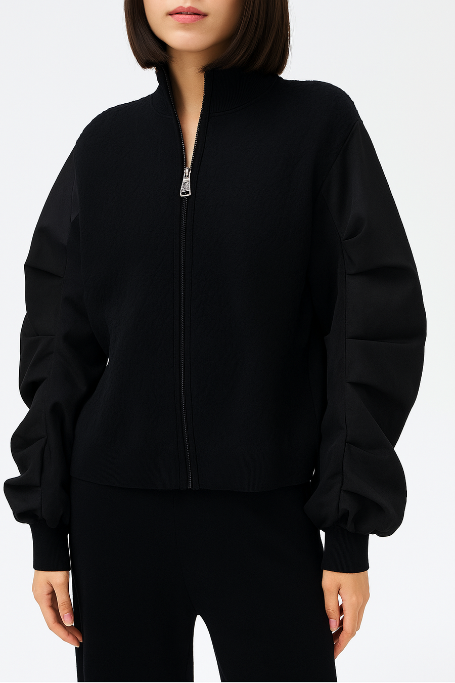 PUFFY SLEEVES ZIP UP BOMBER JACKET