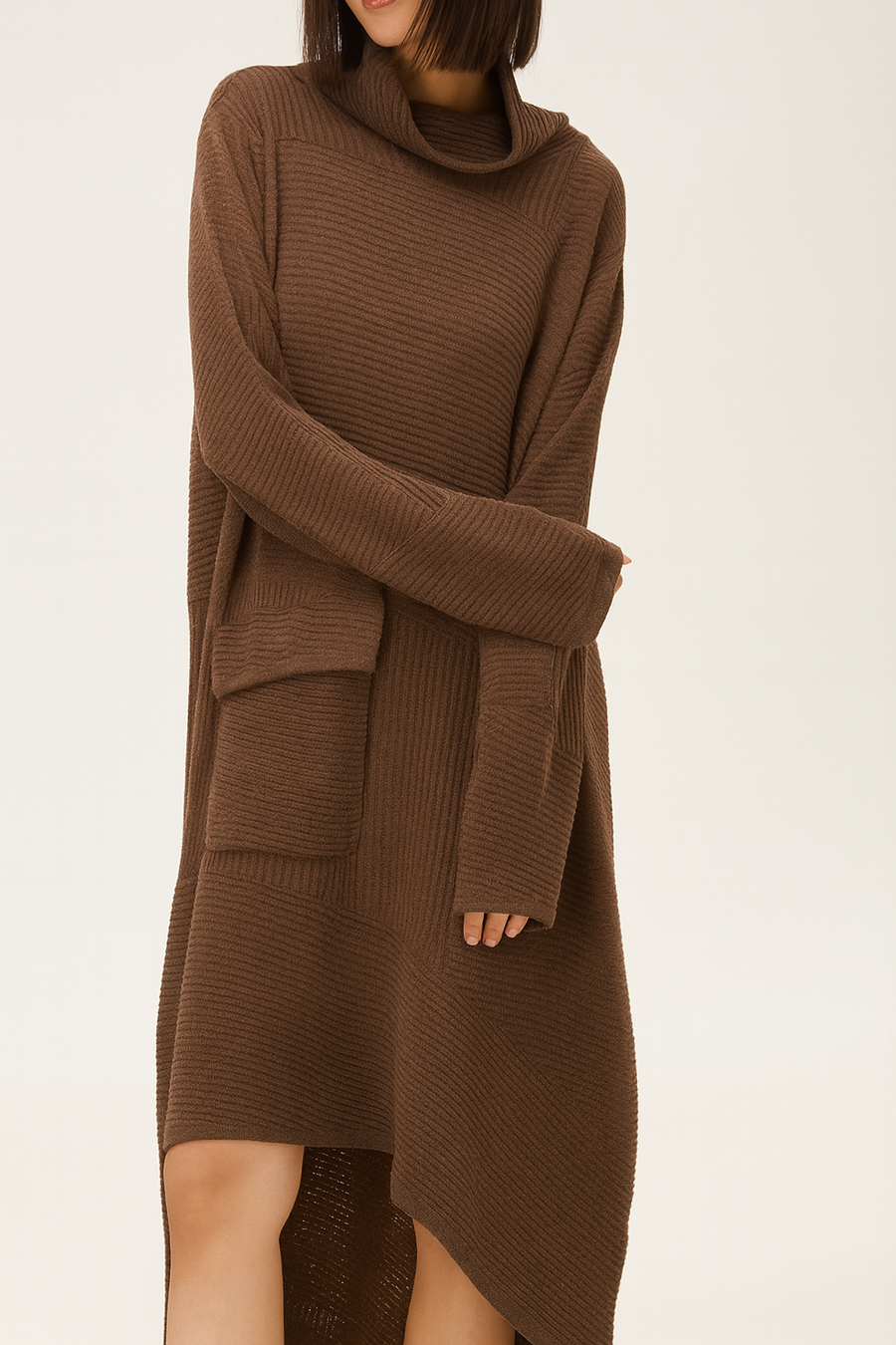 RIBBED PREMIUM KNIT DRESS WITH SOFT ROLL NECK AND OVERSIZED POCKETS