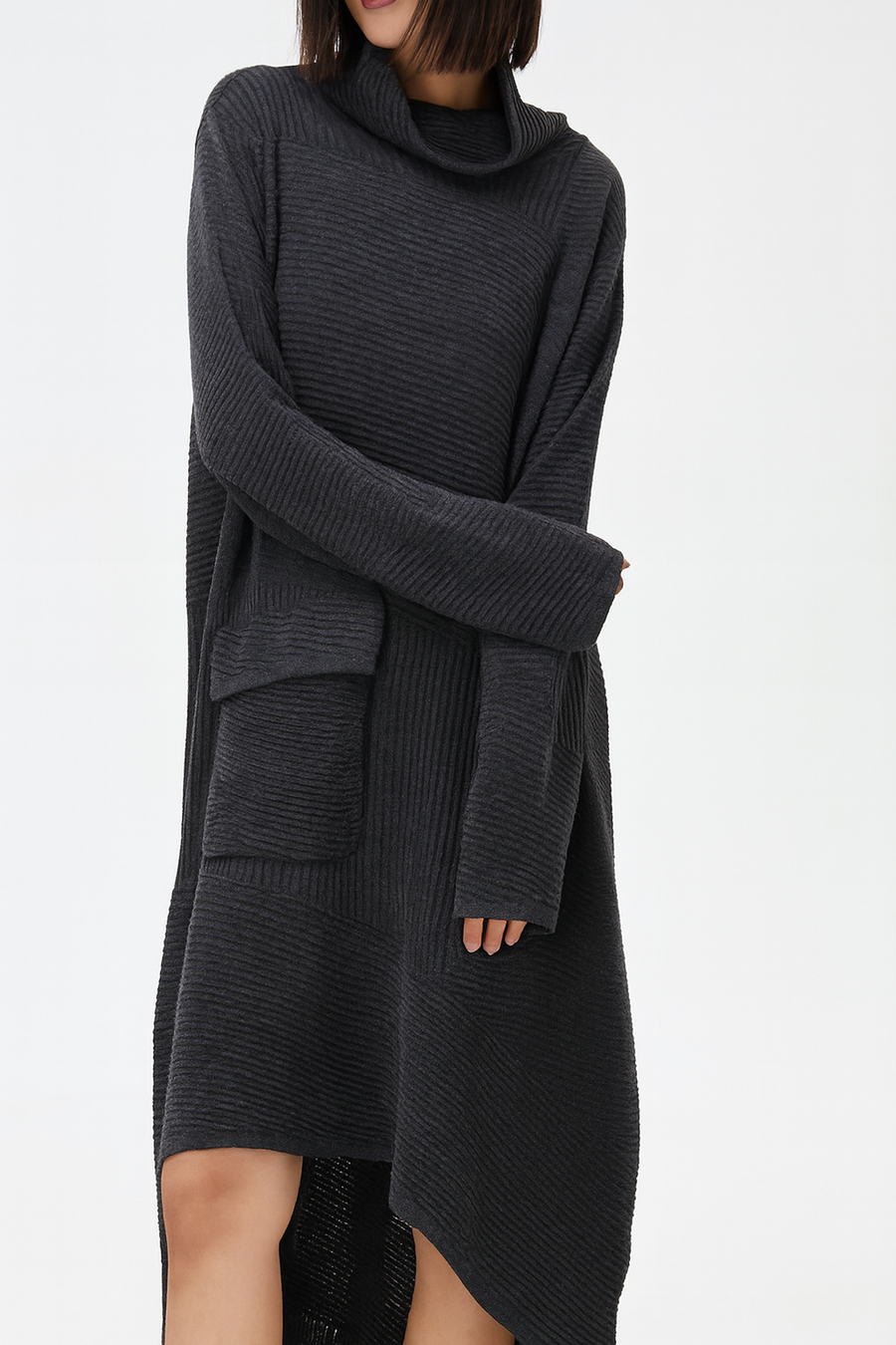 RIBBED PREMIUM KNIT DRESS WITH SOFT ROLL NECK AND OVERSIZED POCKETS
