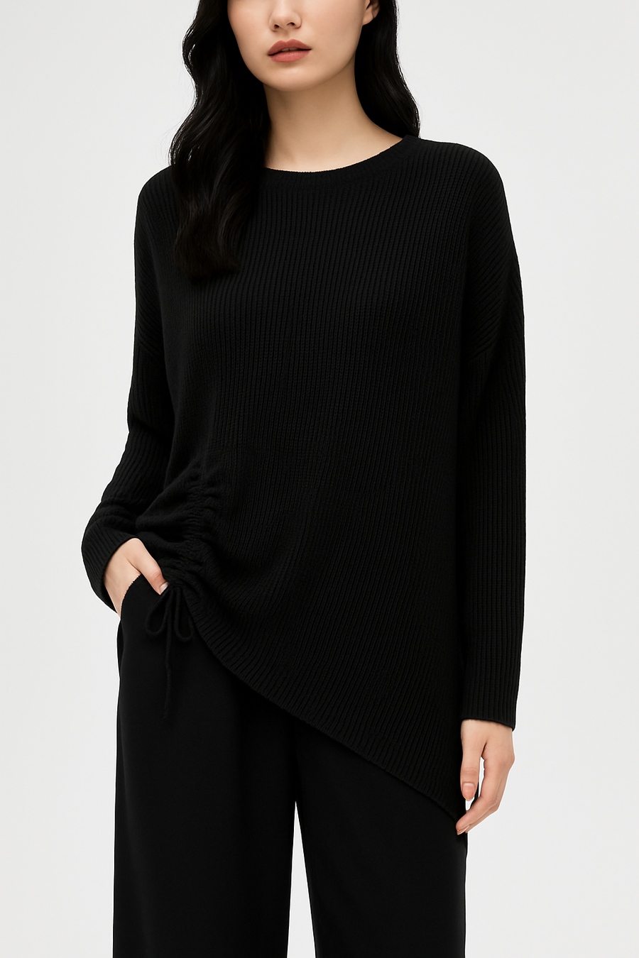 RIBBED SOFT KNIT JUMPER WITH VERTICAL RUCHED DRAWSTRINGS
