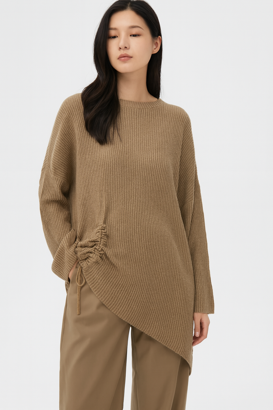 RIBBED SOFT KNIT JUMPER WITH VERTICAL RUCHED DRAWSTRINGS