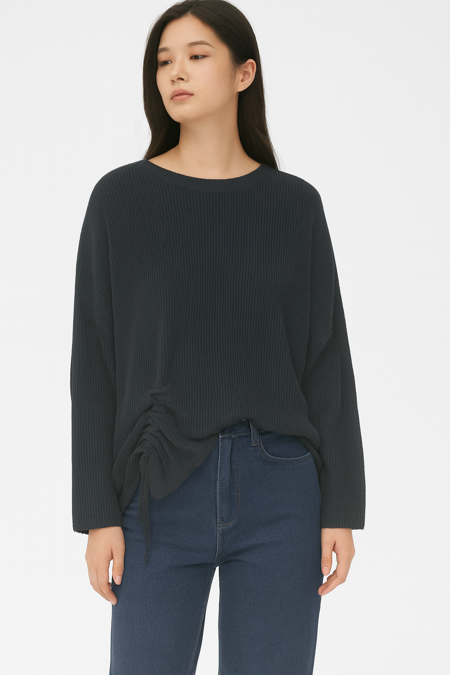 RIBBED SOFT KNIT JUMPER WITH VERTICAL RUCHED DRAWSTRINGS