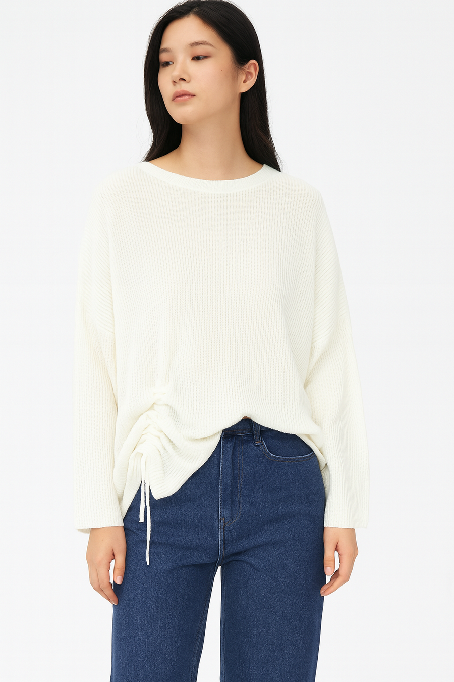 RIBBED SOFT KNIT JUMPER WITH VERTICAL RUCHED DRAWSTRINGS