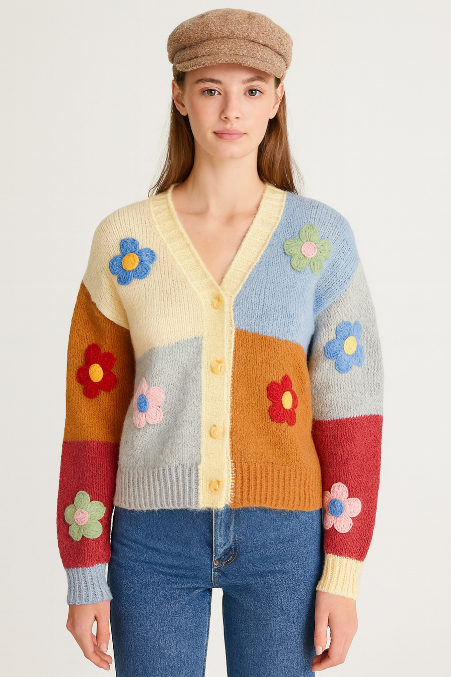 CHUNKY  PREMIUM KNIT COLOUR BLOCKS DESIGN BUTTON UP CARDIGAN WITH FLORAL DECORATION