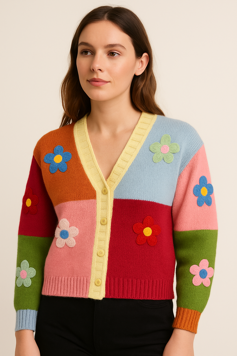 CHUNKY  PREMIUM KNIT COLOUR BLOCKS DESIGN BUTTON UP CARDIGAN WITH FLORAL DECORATION
