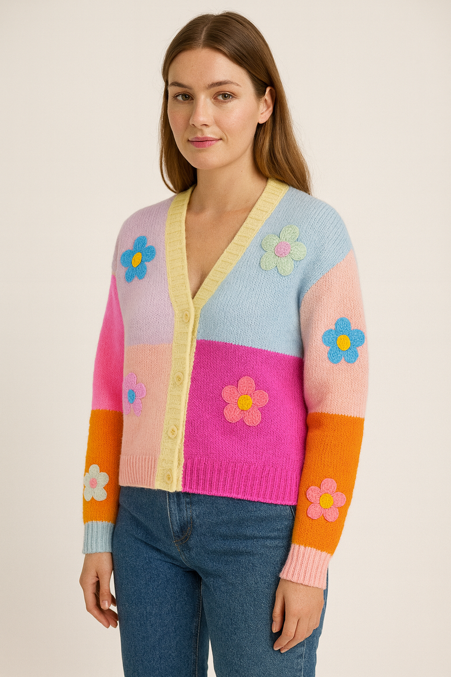 CHUNKY  PREMIUM KNIT COLOUR BLOCKS DESIGN BUTTON UP CARDIGAN WITH FLORAL DECORATION