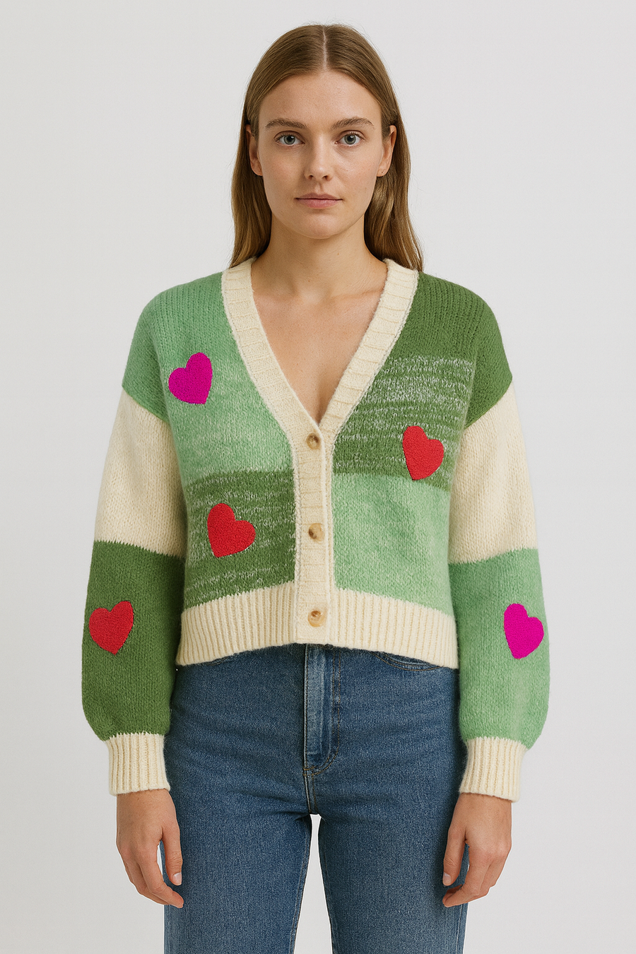 PREMIUM CHUNKY KNIT BUTTON UP HEARTS CARDIGAN WITH PUFFY SLEEVES IN COLOUR BLOCK DESIGN
