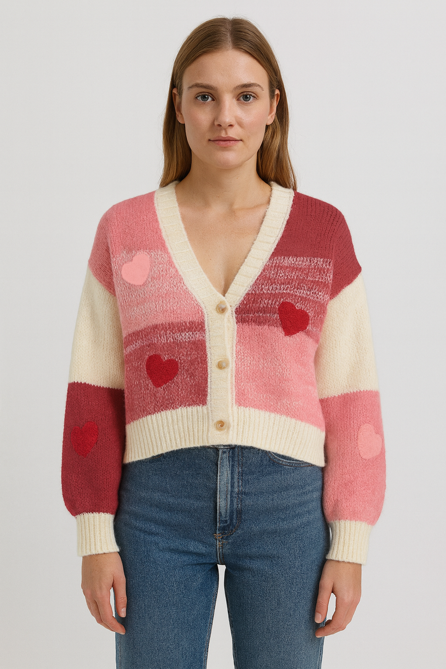 PREMIUM CHUNKY KNIT BUTTON UP HEARTS CARDIGAN WITH PUFFY SLEEVES IN COLOUR BLOCK DESIGN