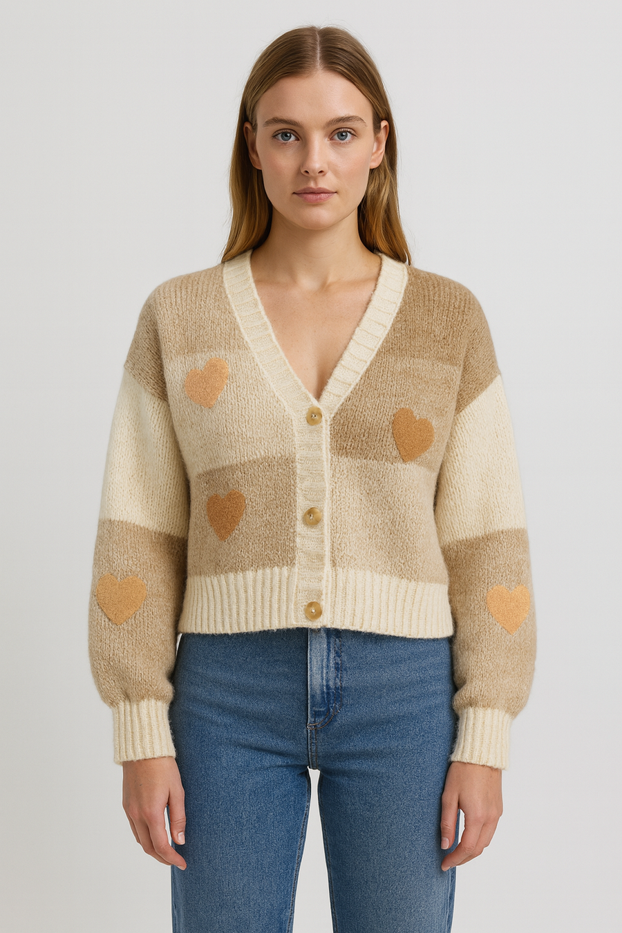 PREMIUM CHUNKY KNIT BUTTON UP HEARTS CARDIGAN WITH PUFFY SLEEVES IN COLOUR BLOCK DESIGN
