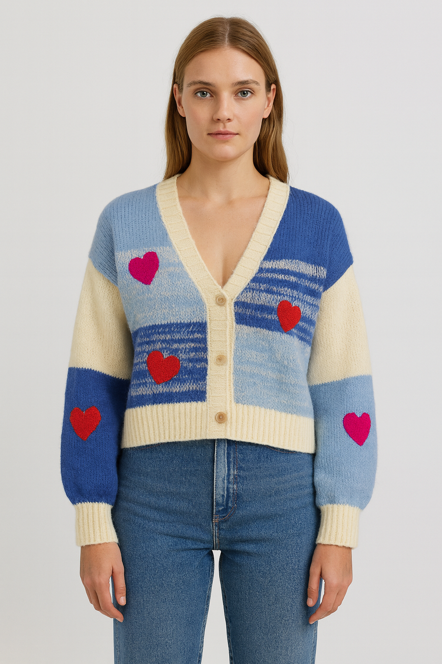 PREMIUM CHUNKY KNIT BUTTON UP HEARTS CARDIGAN WITH PUFFY SLEEVES IN COLOUR BLOCK DESIGN